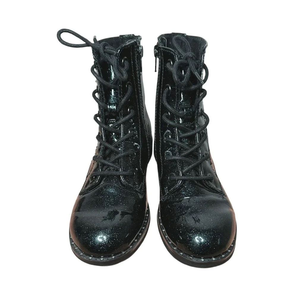 Jellypop Girls‎ Punky Black Green Glitter Patent Combat Boots Size 3M Side Zip